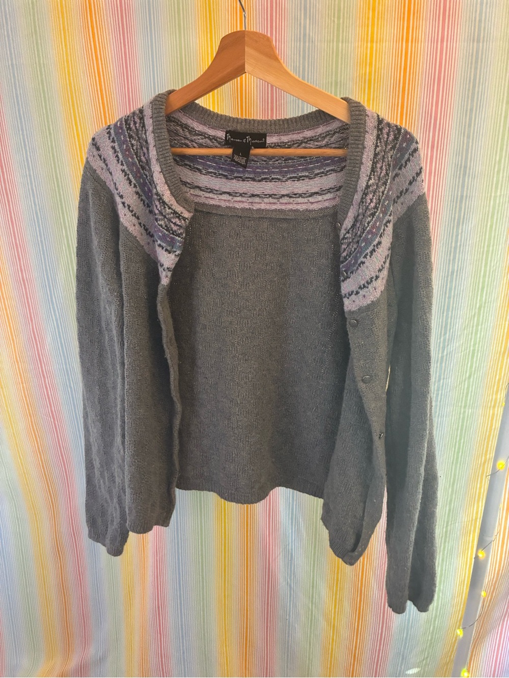 Mercer & Madison grey Angora knit cardigan w/ lavender trim, size L - Picture 2 of 8